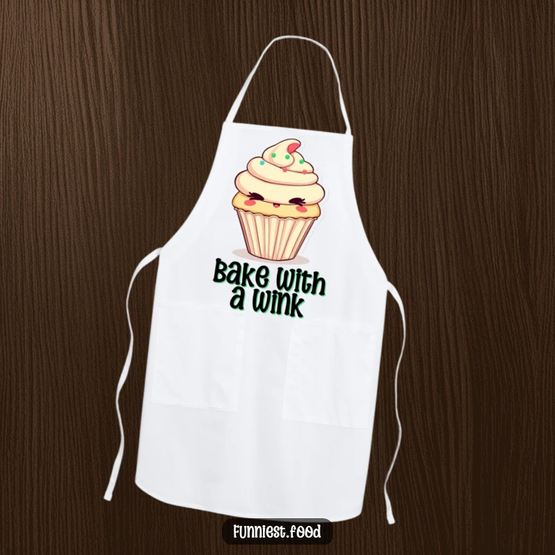 Funny Apron featuring a cheeky cupcake character winking mischievously, perfect for baking with a touch of playful sweetness.