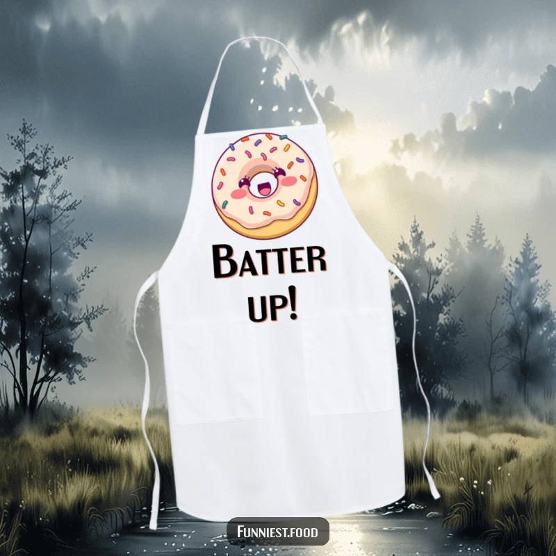 Funny Apron: A happy donut with colorful sprinkles is depicted bouncing excitedly, ready to add a sprinkle of fun to your cooking.