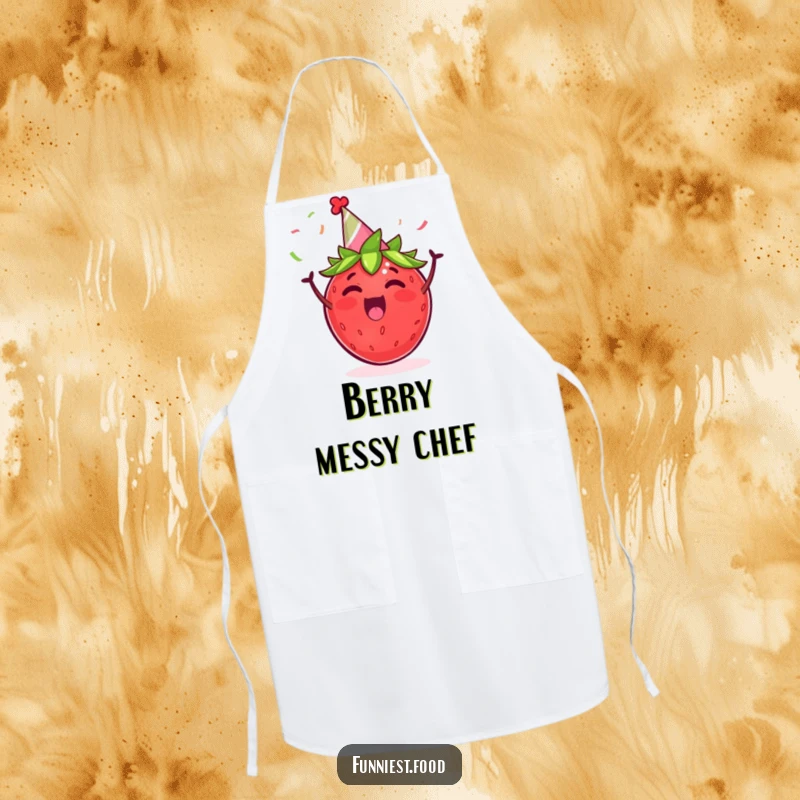 Funny apron with an excited strawberry wearing a party hat and cheering with streamers, ready for a festive cooking session.