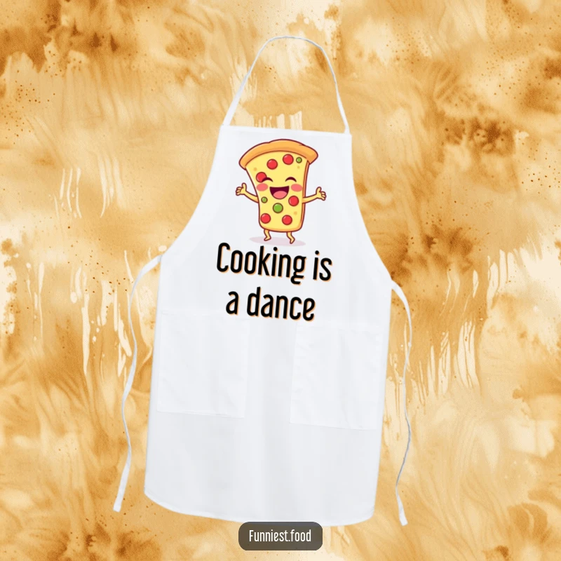 Funny Apron: A laughing pizza slice character doing a silly dance, bringing cartoon fun and pizza power to the kitchen.