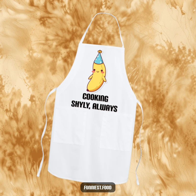 Funny shy banana wearing a party hat, designed on a chef's apron, adding a touch of playful shyness to cooking, a cute funny gift.