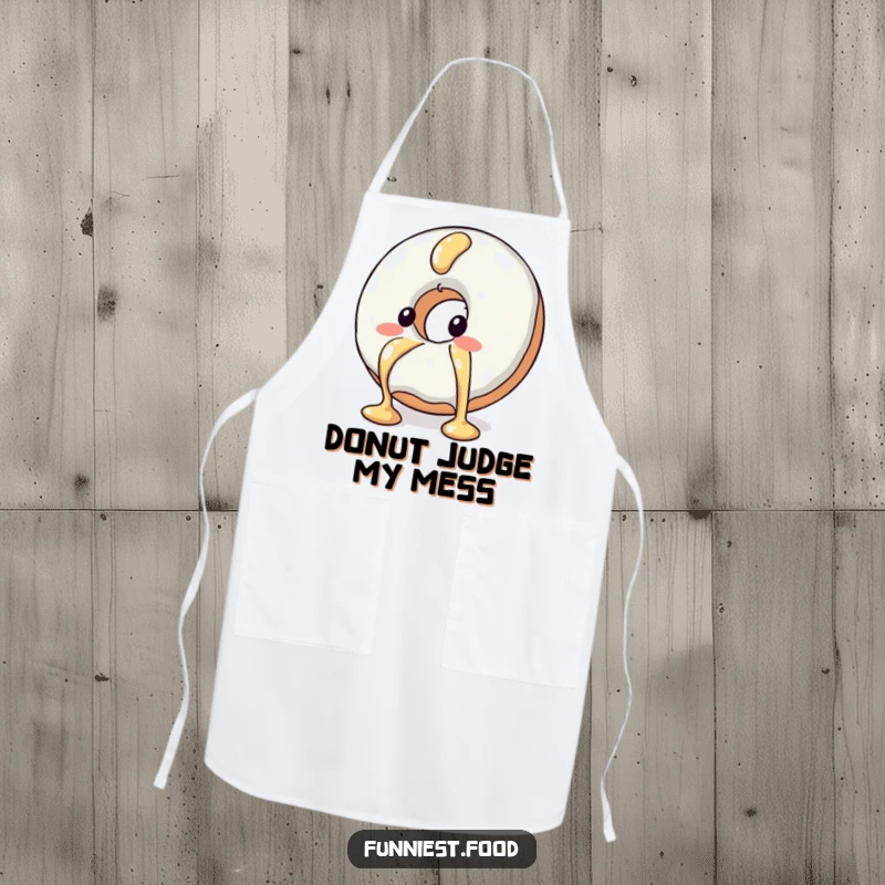 Funny kitchen apron with a blushing donut character attempting to escape syrup, a humorous and functional baking accessory.
