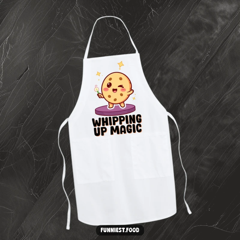 Funny Apron: A winking cookie character dressed as magician, ready to cook up some fun and protect your clothes.
