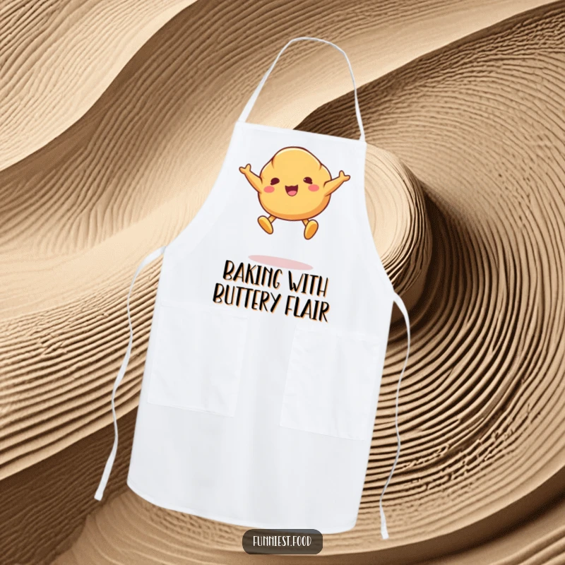 Funny apron showcasing a playful croissant character mid-jump with butter pat feet, perfect for kitchen fun.