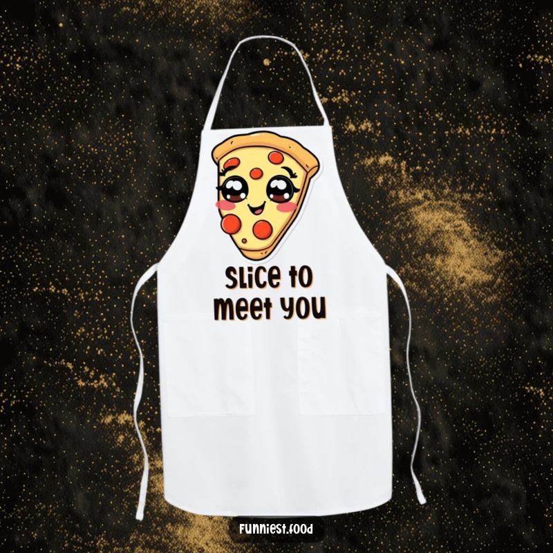 Funny giggling pizza apron, a slice with pepperoni eyes, humorous kitchen wear.