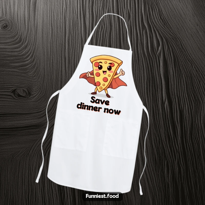 Funny Hero Pizza Slice Apron: A proud pizza slice wearing a cape poses heroically, ready to protect you while cooking.