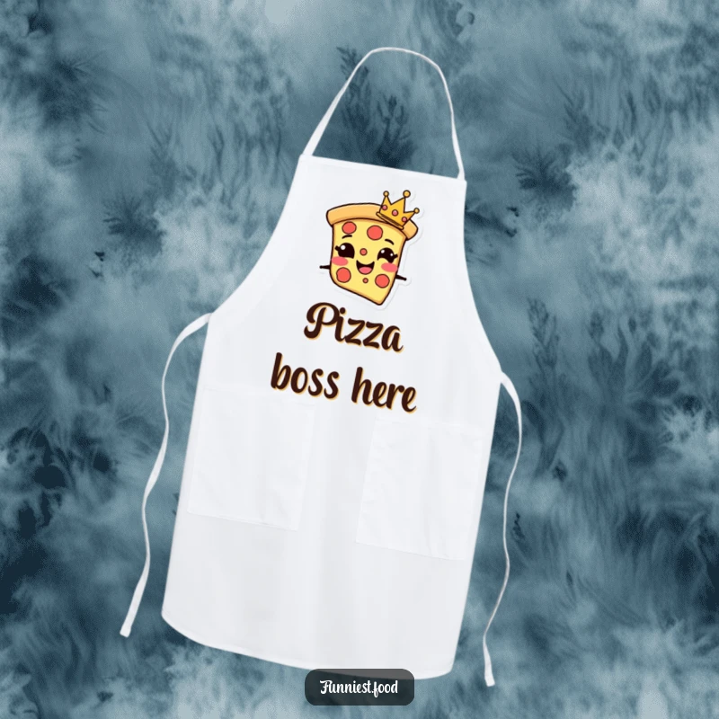 Funny Apron featuring a grinning pizza slice character with a tiny crown, perfect for adding regal fun to cooking.