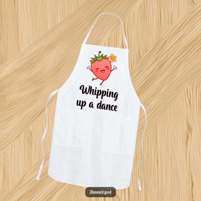 Funny Strawberry Dance Apron: A joyful strawberry character dancing with a flower, perfect for kitchen fun and a sweet funny gift.