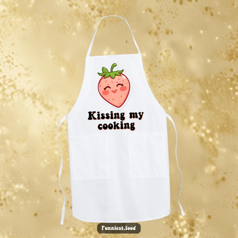 Funny strawberry apron featuring a cheerful red strawberry blowing a kiss, making kitchen tasks more enjoyable and fun for the cook.