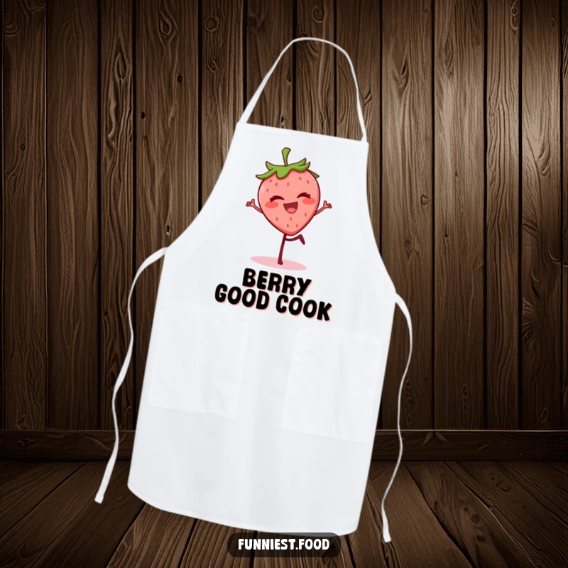 Funny grinning strawberry balancing on one leg, winking on a kitchen apron, a humorous and functional accessory.