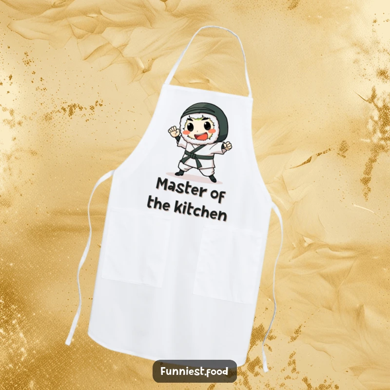 Funny Sushi Apron: A gleeful sushi roll performs a karate chop, a humorous and functional accessory for the kitchen.