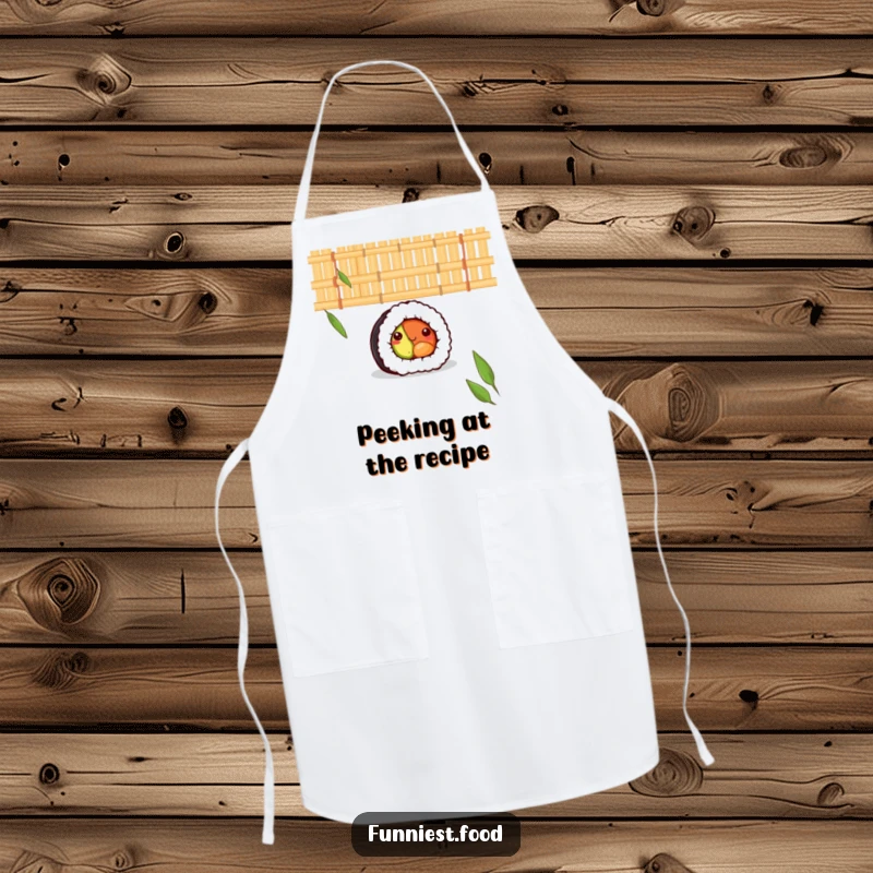 Funny apron with a shy sushi roll peeking from a bamboo mat, ready to add subtle charm and foodie humor to any culinary task.