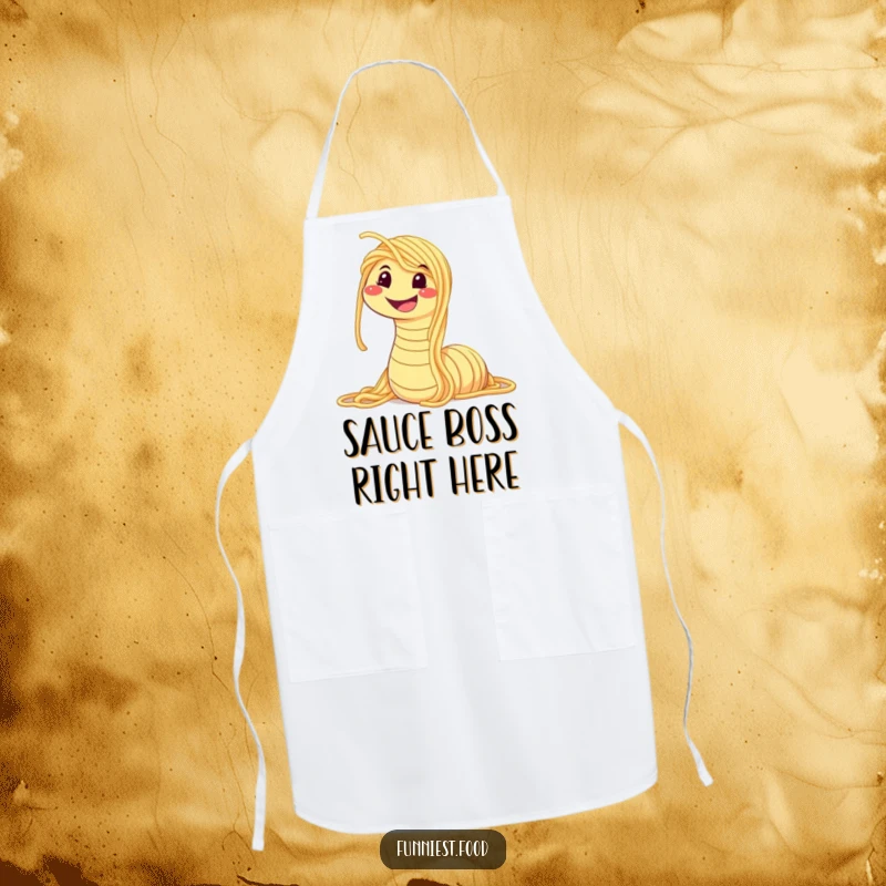 Funny chef apron featuring a spaghetti worm smiling widely, adding a humorous and playful vibe to any cooking or baking session.