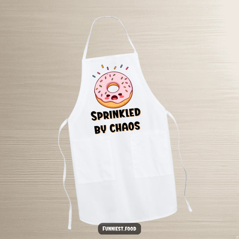 Funny bewildered donut apron, surprised by a rain of sprinkles, making baking tasks more humorous and cheerful.