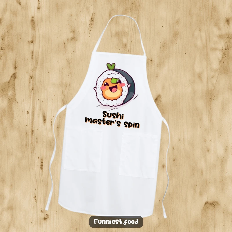 Funny sushi roll character with a happy expression, rolling downhill on a kitchen apron, a humorous and functional accessory.