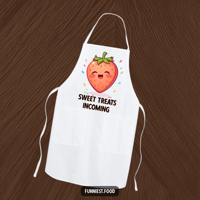 Funny Strawberry Apron: A happy strawberry character trying to catch falling sprinkles, a sweet and functional kitchen accessory.