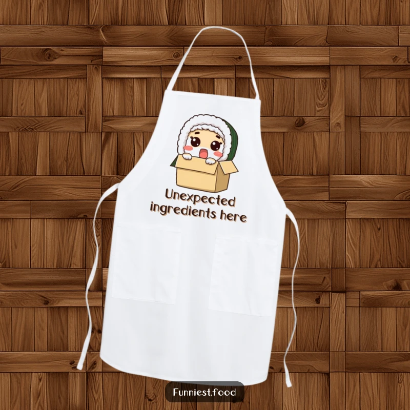 Funny kitchen apron with a surprised sushi roll character peeking out from a box, a humorous cooking accessory.