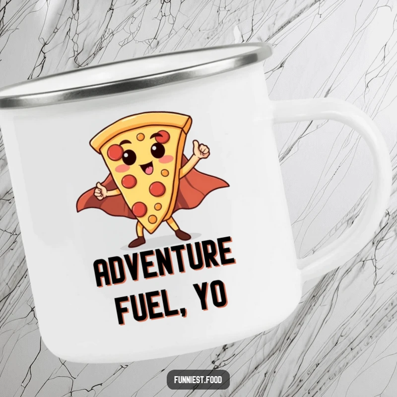 Funny Hero Pizza Slice Camping Mug: A proud pizza slice in a cape poses heroically, ready for outdoor beverages.