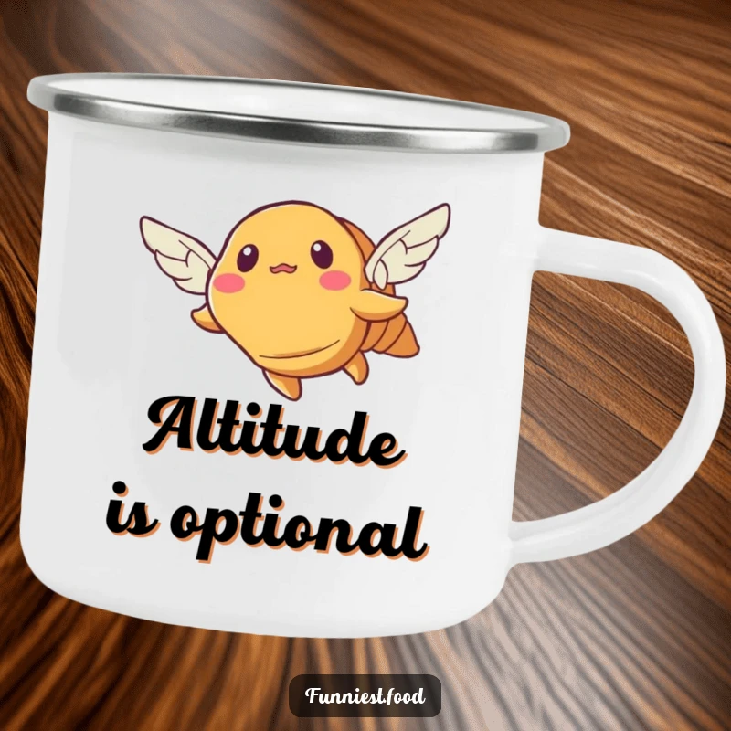 Funny croissant camping mug, a bewildered pastry with tiny wings attempting flight, ideal for outdoor humor.