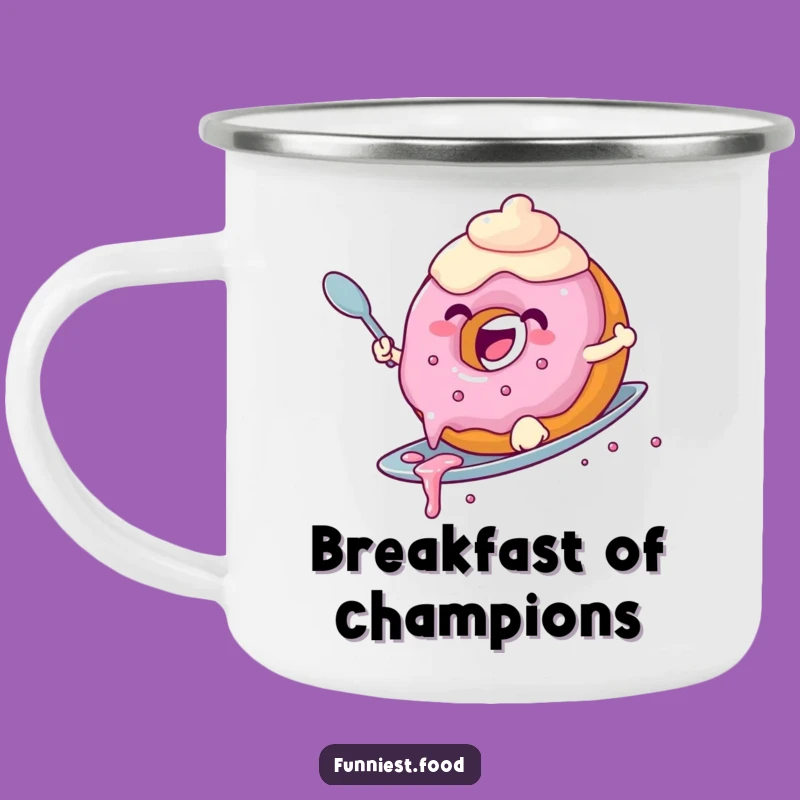 Funny Donut Surfing Camping Mug: Durable & Hilarious Donut Riding a Spoon, Outdoor Sweet Gift!