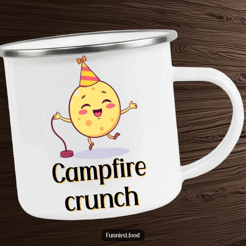 Funny chip character attempting to jump rope on a camping mug, ideal for outdoor adventures.