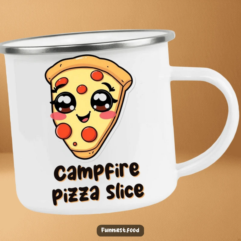 Funny giggling pizza camping mug, a slice with pepperoni eyes, for humorous outdoor enjoyment.