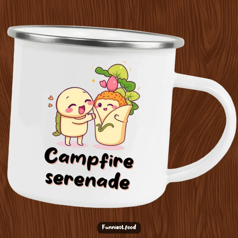 Funny Taco Camping Mug: A durable mug featuring a winking taco serenading a shy burrito, ready for outdoor fiesta fun.