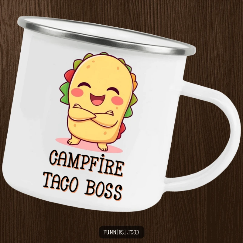 Funny laughing taco with crossed arms on a camping mug, a humorous and sturdy beverage holder.