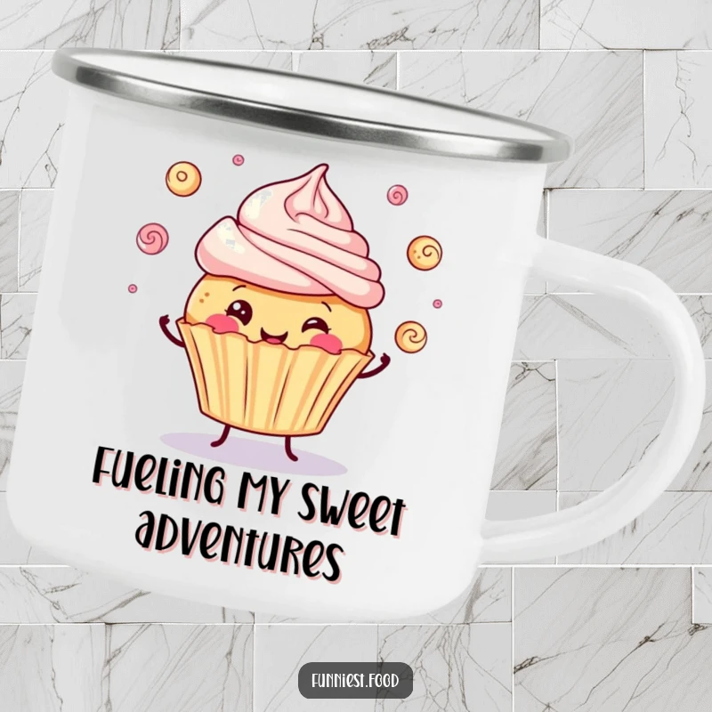 Funny camping mug with a happy cupcake juggling frosting swirls, ready for adventure and adding humor to your drink.