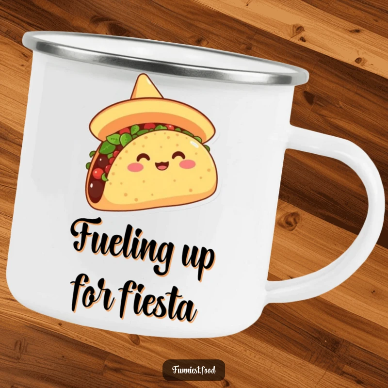 Funny camping mug featuring a joyful taco in a sombrero, tipping it with outdoor enthusiasm, perfect for rugged, humorous adventures.