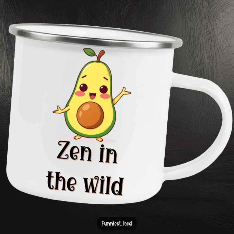 Funny surprised avocado character doing a yoga pose on a durable enamel camping mug for humorous outdoor relaxation.