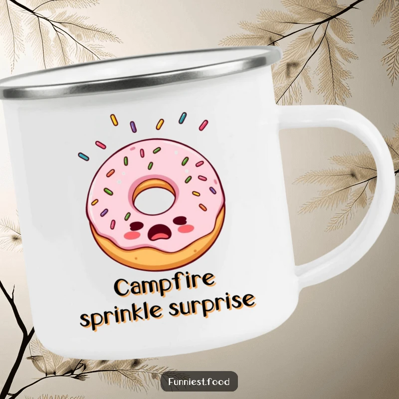 Funny bewildered donut camping mug, looking surprised by sprinkles, ready for outdoor fun with a side of sweet chaos.