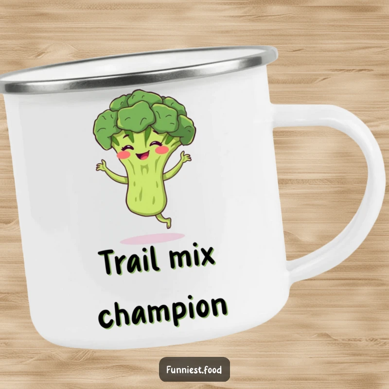 Funny broccoli camping mug depicting a bouncing broccoli performing a silly jig with a grin, perfect for outdoor enjoyment and a fun gift.