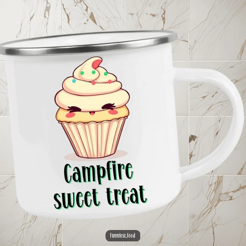 Funny Camping Mug featuring a cheeky cupcake winking mischievously, perfect for enjoying drinks during outdoor adventures.