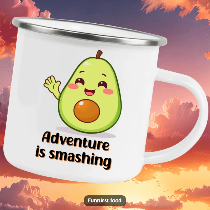 Funny avocado camping mug with a delighted avocado character waving hello, perfect for cheerful outdoor drinks.