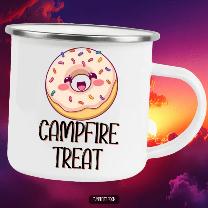 Funny Camping Mug: A happy donut with colorful sprinkles bounces with excitement, ready for any outdoor adventure with a sweet spirit.