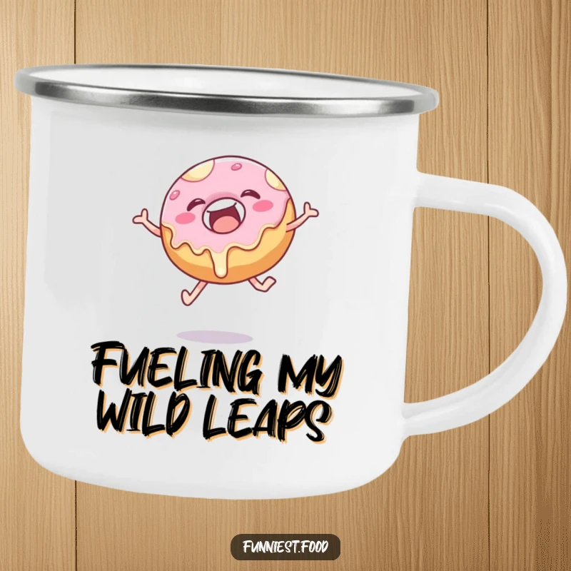 Funny donut camping mug with a happy, frosting-dripping pastry leaping, designed for rugged outdoor adventures.