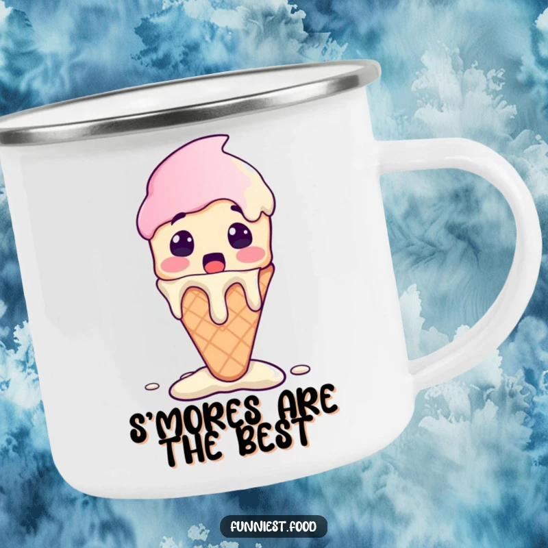 Funny Ice Cream Camping Mug featuring a surprised ice cream cone character melting with excitement, perfect for adventures.