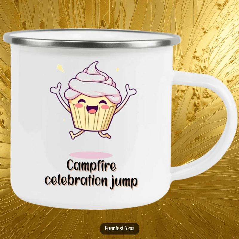 Funny enamel camping mug with a joyful cupcake character doing a celebratory jump, for outdoor celebrations and humor.