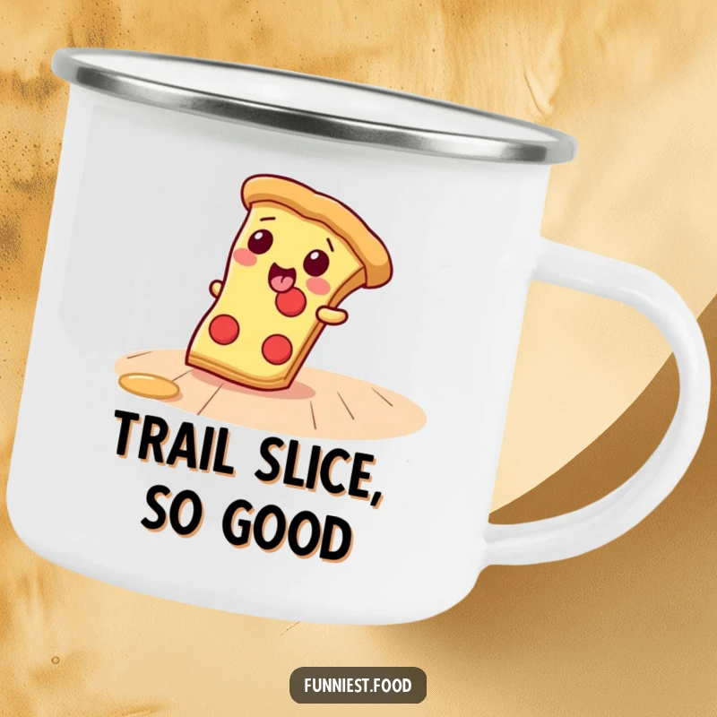 Funny Camping Mug with a giggling pizza slice sliding, ready for outdoor adventures and serving drinks with a smile.