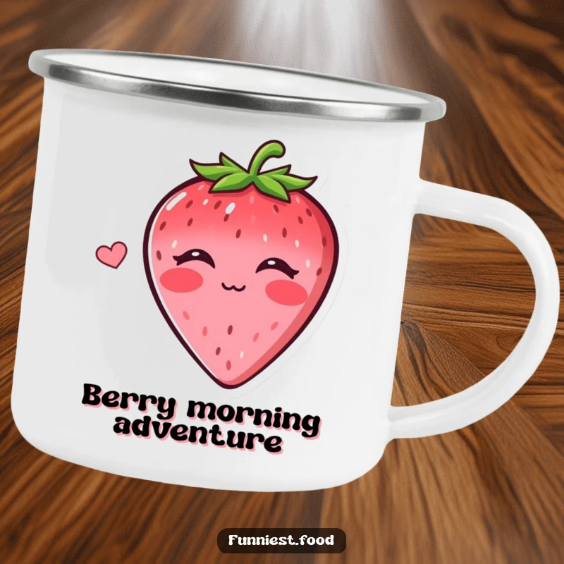 Funny camping mug featuring a smiling strawberry blowing a kiss, bringing sweet humor and charm to outdoor adventures and beverages.