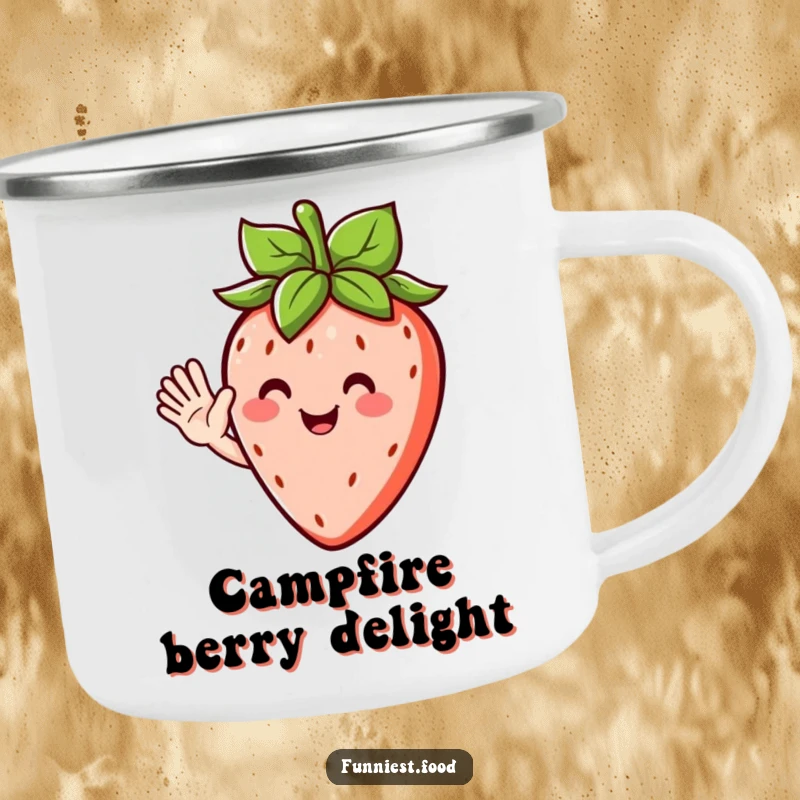 Funny camping mug showcasing a happy strawberry character with leafy hair, waving hello during your outdoor excursions.