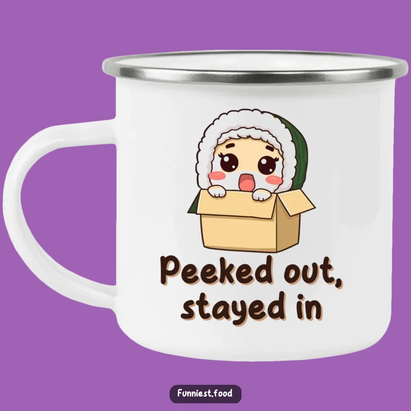 Funny Surprised Sushi Roll Camping Mug Adventure with a Smile