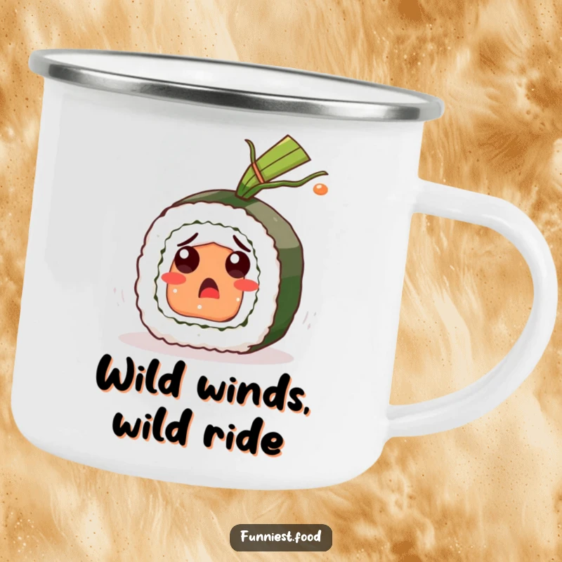 Funny Sushi Roll Camping Mug: A startled sushi character ready for adventure, bringing a dose of funny surprise to outdoor sipping, a great funny gift.