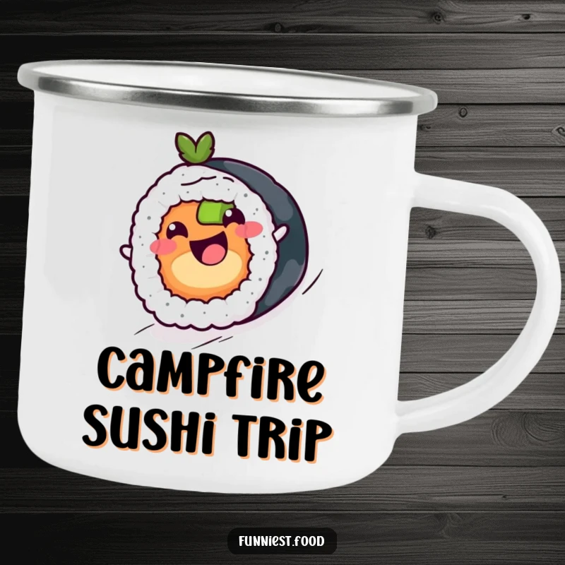 Funny sushi roll character with a happy expression on a camping mug, a humorous and sturdy beverage holder.
