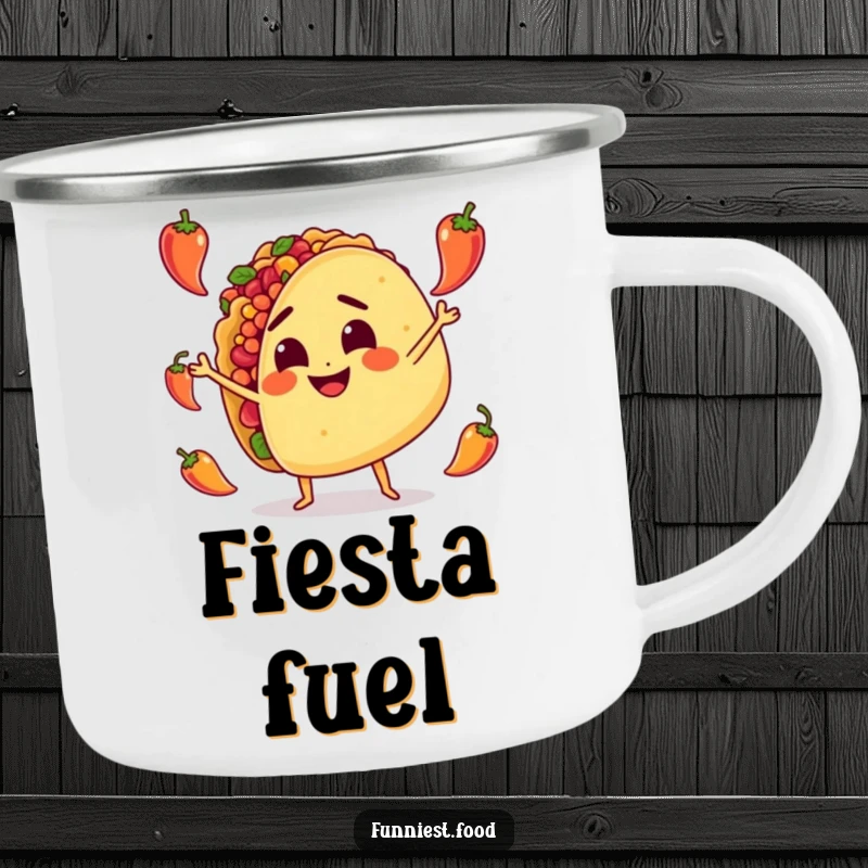 Funny Camping Mug: A determined taco character juggles small peppers, ready for any outdoor culinary adventure with a spicy flair.