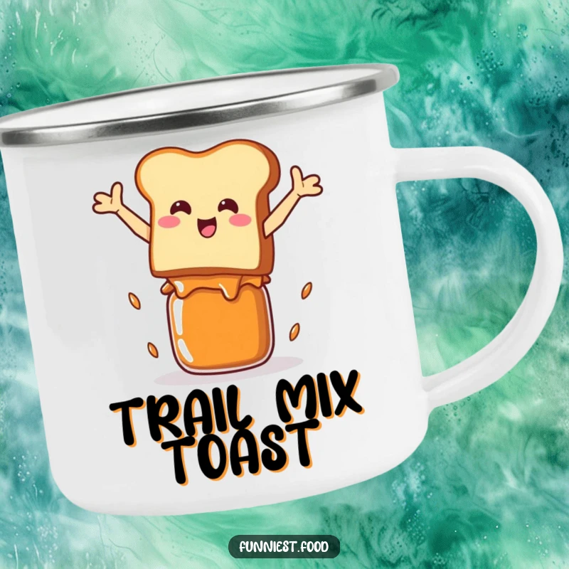 Funny Camping Mug: A smiling piece of toast leaps over a jam jar, designed for outdoor adventures and laughs.