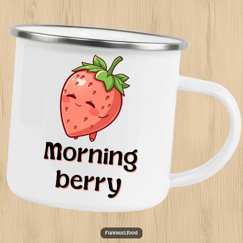 Funny Camping Mug: A charming strawberry character tipping its leafy hat and winking, ready for any outdoor adventure with a sweet spirit.