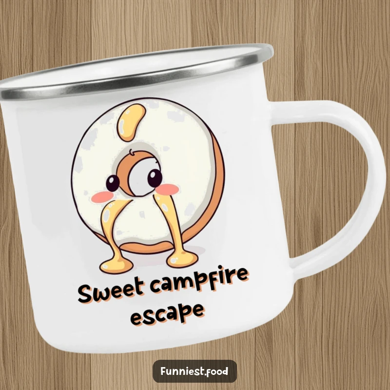 Funny enamel camping mug with a blushing donut character escaping syrup, for outdoor enjoyment and humor.