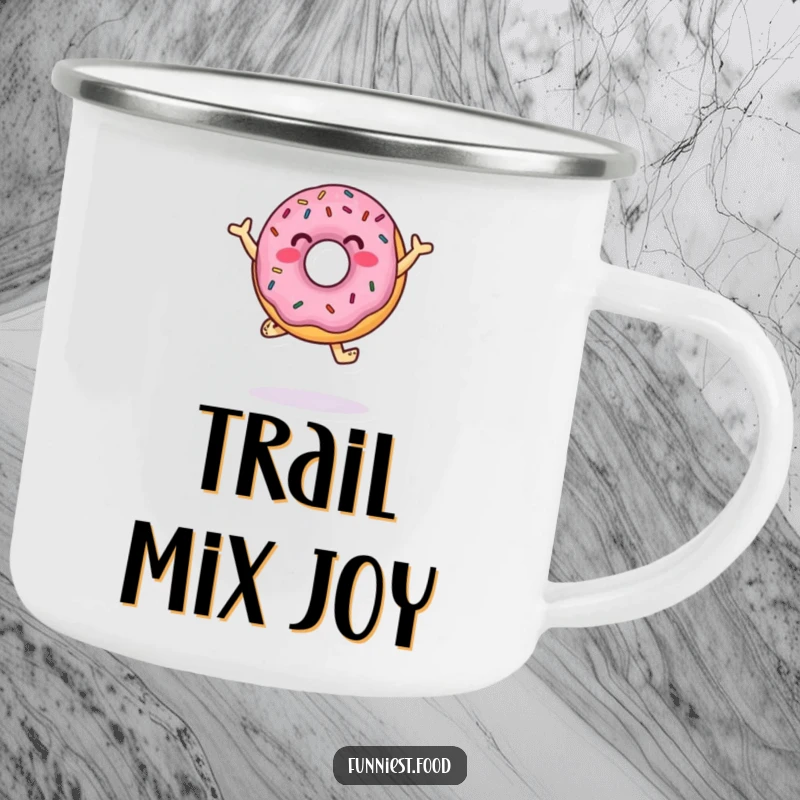 Funny Camping Mug featuring a jumping donut with sprinkles dancing, perfect for sweet moments during outdoor adventures.